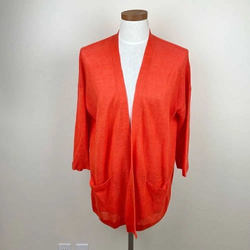 Eileen Fisher Knit Orange Open-Front Pocket Cardigan